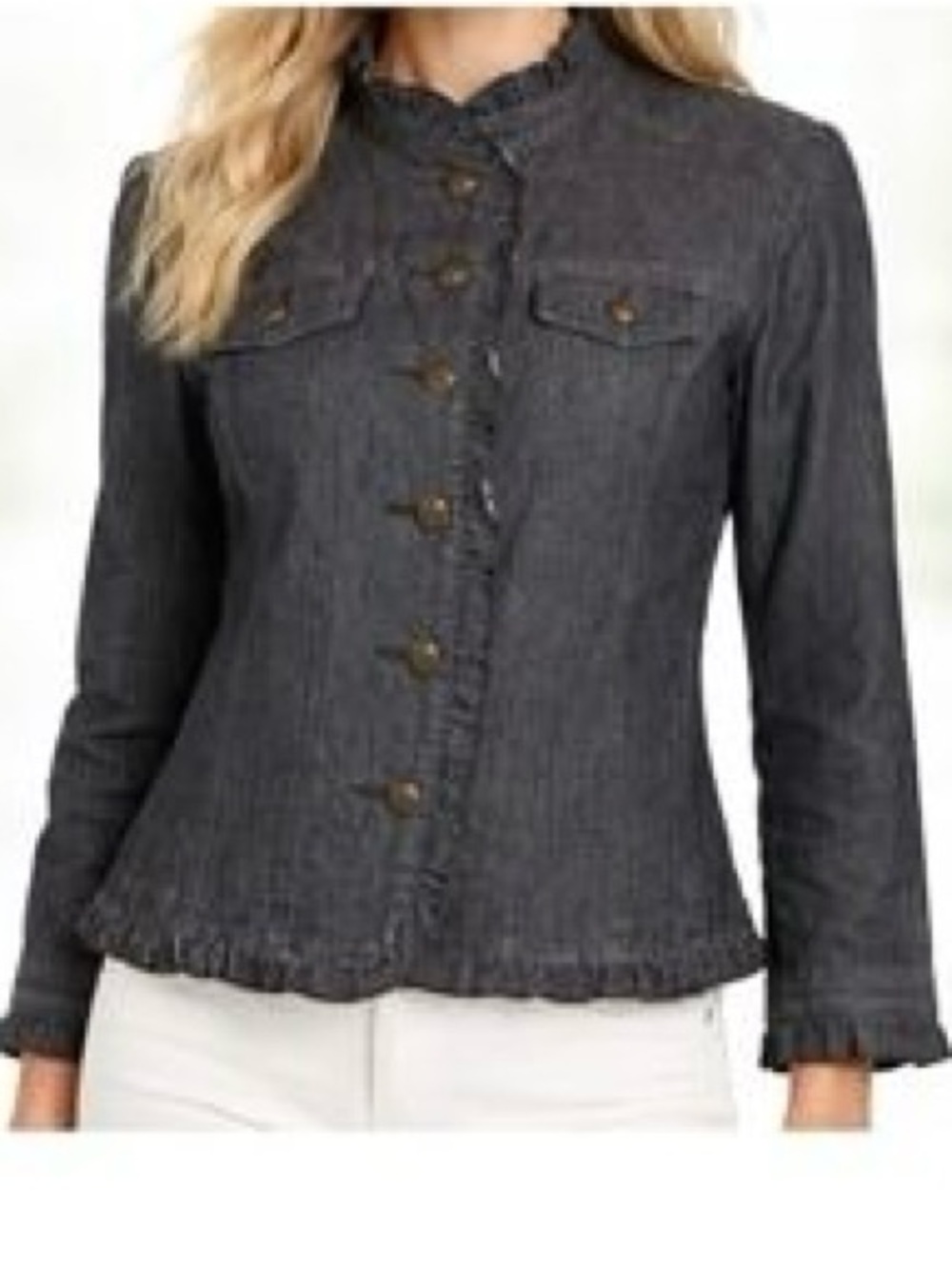 Sandro Charcoal Gray Denim Ruffle-Trim Button Jacket, PS